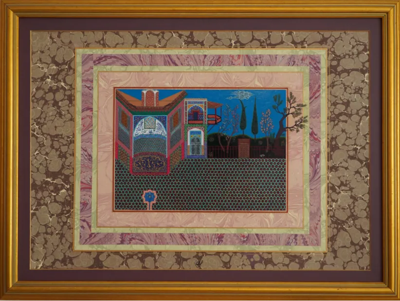 Miniature Palace Scene — framed Islamic miniature with ebru borders