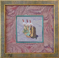 Three Scholars at Study — miniature of three turbaned figures seated together over a book, on a rose and violet ebru mount