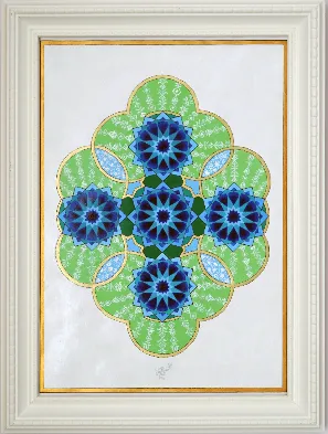 Rosettes in Blue & Green — illuminated lobed medallion of blue rosettes on green, outlined in gold, in a cream frame