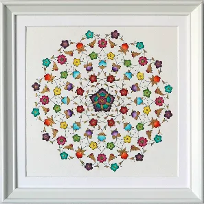 A Hundred Blossoms — illuminated rosette of many small coloured flowers joined by fine gold vines, in a white frame