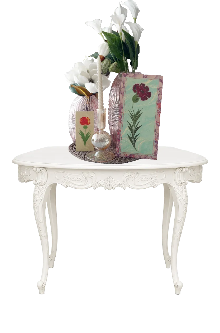 Carnations & White Lilies — two ebru carnation panels standing on a carved white console table beside vases of white lilies and magnolia