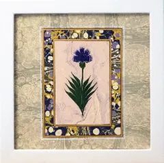 Violet Carnation — framed ebru of a violet carnation on a pale marbled ground, within a navy and gold ebru border