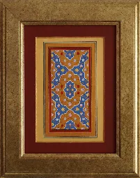 Blue & Gold Arabesque — illuminated panel of blue arabesque and small blossoms on a gold ground, mounted on deep red in a gilt frame