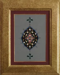 Şemse — illuminated dark medallion with gold and red florals and a pendant above and below, on a grey ground in a gilt frame