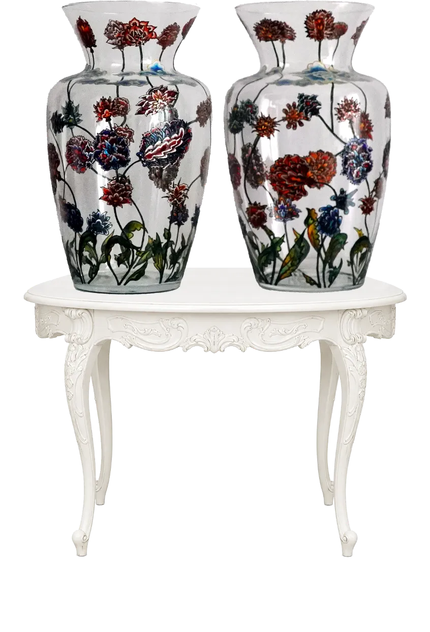 Sky & Earth Floral Vases — two painted glass vases on a console table