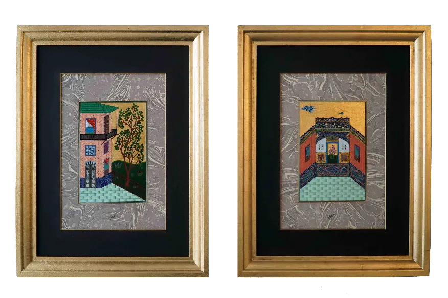 The Doctor's House — two framed Islamic miniatures of the exterior and reception room