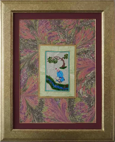 Boy Reciting Qur'an By A Stream — framed Islamic miniature with ebru borders