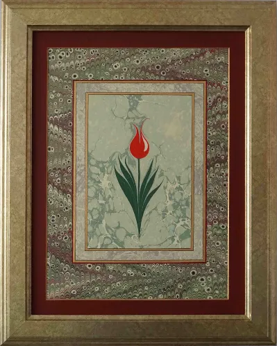Red Tulip — framed ebru of a red tulip