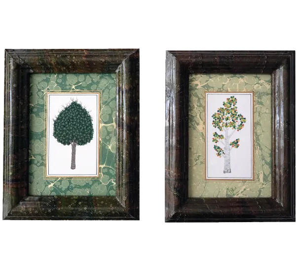 Maple & Aspen Miniature Trees — two framed tree miniatures on ebru
