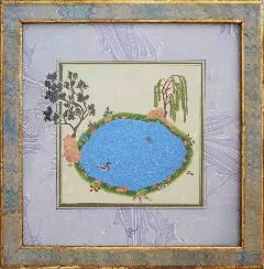 Two Ducks on the Garden Pool — miniature of an oval pool ringed with flowers, a plane tree and a weeping willow either side, on a lilac ebru mount